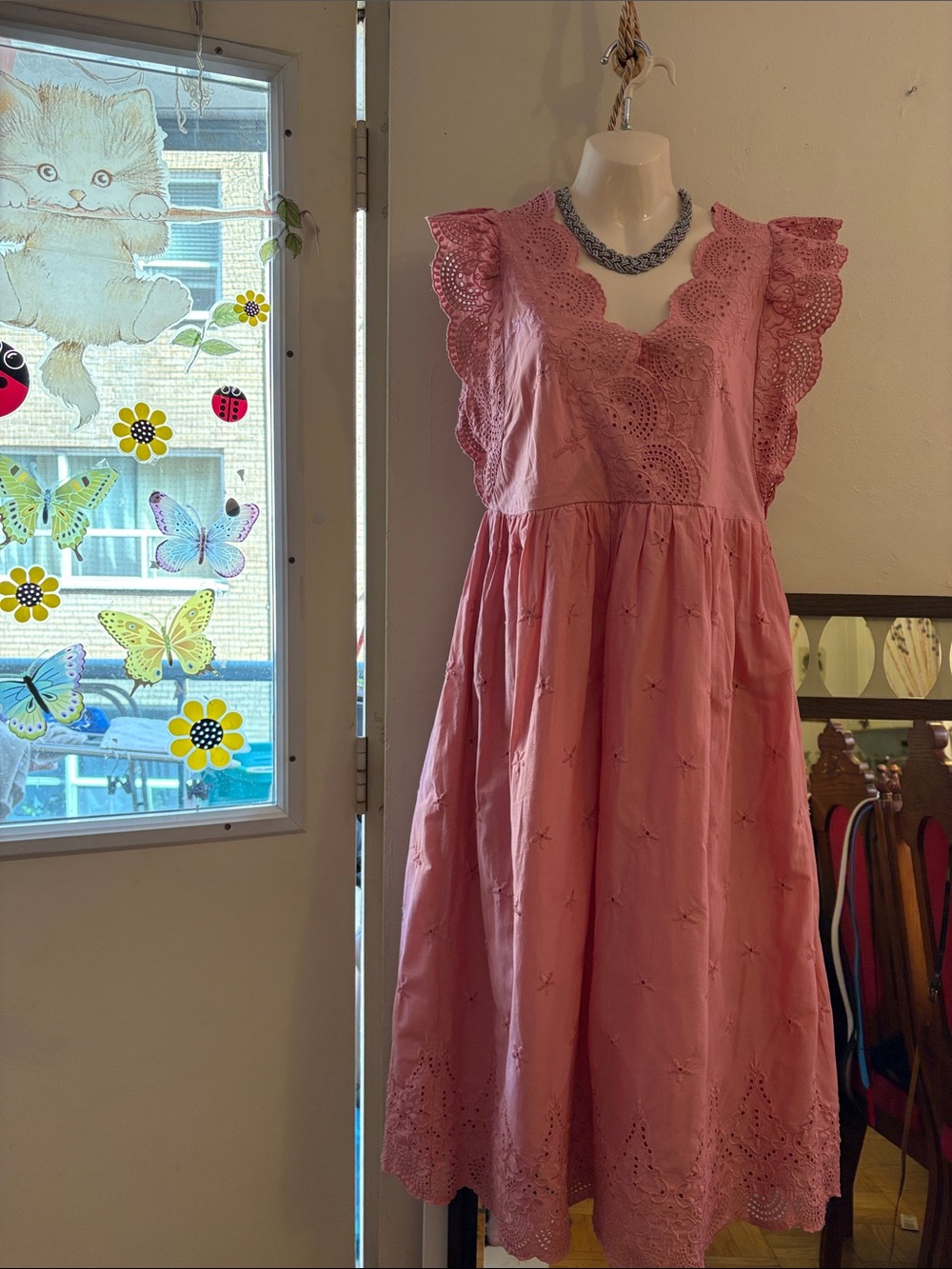 GAP Rose Pink Eyelet Midi Dress with Ruffle Shoulders. Cotton